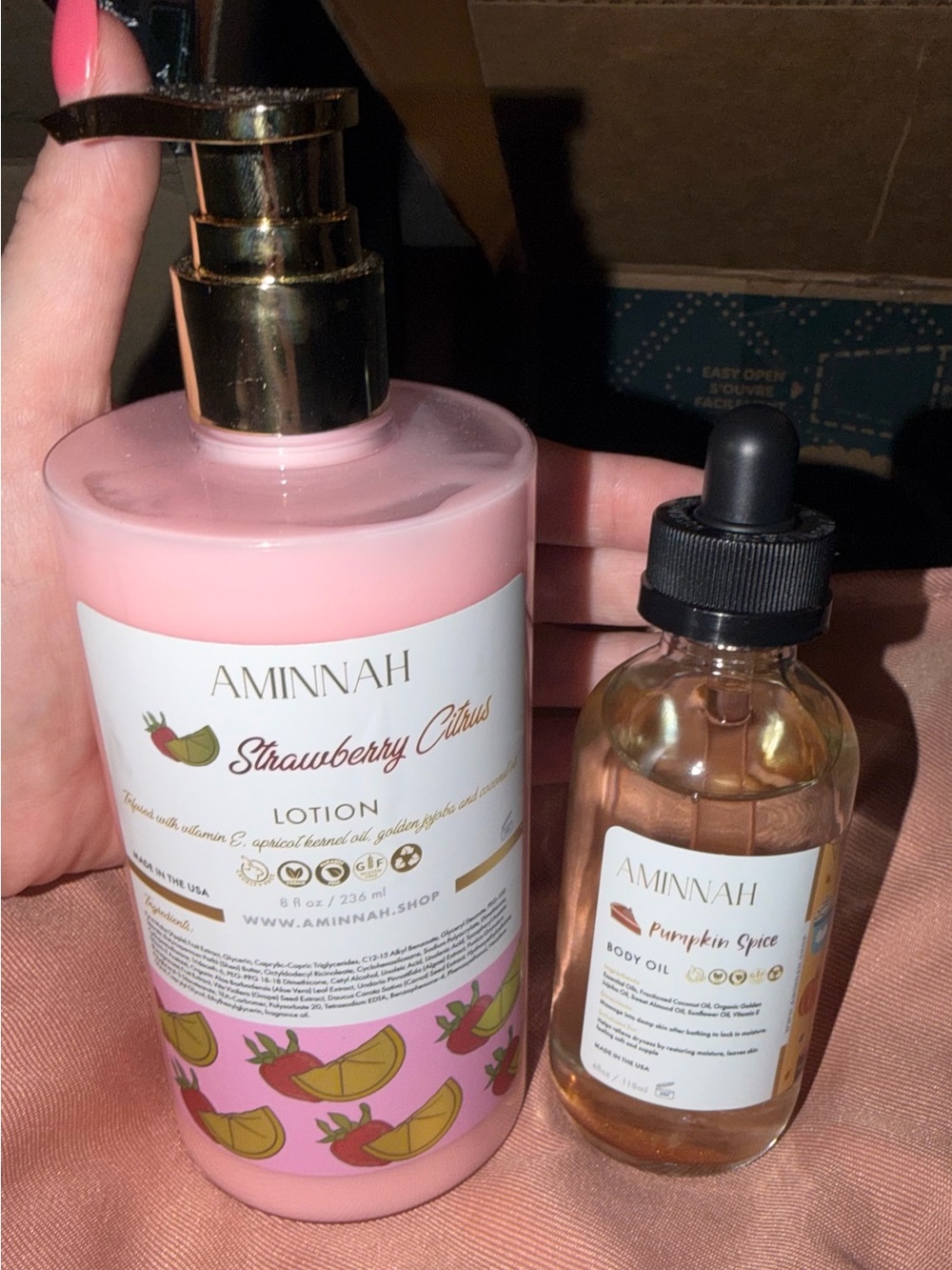 AMINNAH Strawberry Citrus Body Lotion & Pumpkin Spice Body Oil